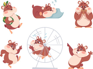 Wall Mural - Hamster characters. Funny domestic fluffy animals in action poses home swanky pets exact vector cartoon hamsters