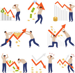 Canvas Print - Finance crisis. Falling arrows on business graphs financial economic recession recent vector cartoon concept illustrations