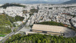 Aerial drone photo of iconic ancient Panathenaic stadium or Kalimarmaro place of the first Olympic Games, Athens historic centre, Attica, Greece
