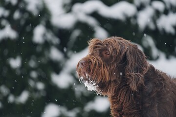 Wall Mural - a portrait of a dog, a pudelpointer, at a snowy winter day with a frozen beard