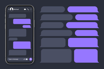 Realistic smartphone with messaging app. Blank SMS text frame. Conversation chat screen with violet message bubbles. Social media application. Vector illustration.