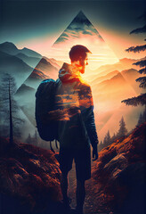 Sticker - Double exposure of silhouette of a hiker man and mountains and nature. Trekking outdoors. Designed using Generative AI. 