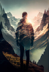 Sticker - Double exposure of silhouette of a hiker man and mountains and nature. Designed using Generative AI. 