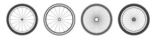 Black Bicycle Wheel Symbols Collection. Bike Rubber Tyre Silhouettes. Fitness Cycle, Road And Mountain Bike. Vector Illustration.