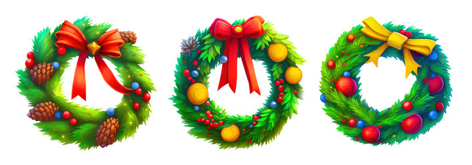 Wall Mural - Three Christmas wreaths of fir tree branches decorated with colorful bows and baubles isolated on white background. Collection of digital illustrations