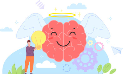 Improve brain feeling. Motivational therapy of positive vision, mind recharge concept, creative optimistic thinking happiness emotion healthy attitude people vector illustration