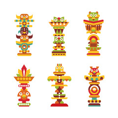 Sticker - Totem Pole as Monumental Carving with Figures Vector Set