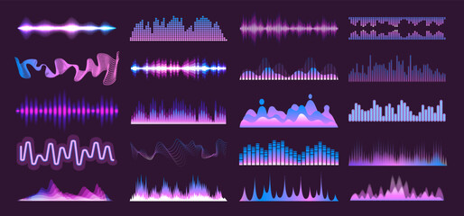 Spectrum soundwaves. Audio frequency soundwave, stereo voice amplitude electronic graphic equalizer music track volume sound pulse wave different form ingenious vector illustration