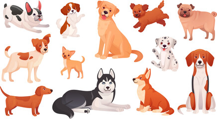 Wall Mural - Different breeds dogs. Cartoon playful dog or puppy pet, pedigree breeding cute furry kind breed animals russell little pug pretty hound adorable pets ingenious vector illustration