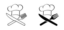 Crossed Cutlery, Plate, Fork And Knife. Cartoon Chef Cap Symbol. Kitchen Cook Or Cooking Hat. Vector Menu Logo Or Icon. Crosswise Cutlery Symbol. Ready To Eat, Restaurant, Cafe Food.