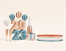 Modern 2023 Podium Pedestal With Metallic Numbers And Festive Stuff For Product Stand In 3D Render