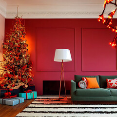 Wall Mural - Interior of bright modern living room with fireplace, chandelier and comfortable sofa decorated with Christmas tree and gifts ,generative artificial intelligence