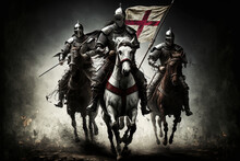 Three Medieval Crusader Knights Riding On Horses In Full Armour With English Banner Flag. Ominous Middle Ages Illustration Featuring Combat Warriors On Horseback. Generative Ai