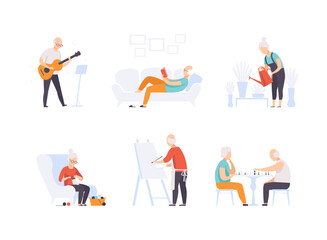 Sticker - Senior Man and Woman Engaged in Different Activity on Retirement Vector Set