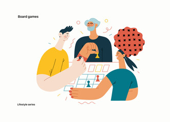 Lifestyle series - Board games - modern flat vector illustration of people playing a board card game with a dice. People activities concept