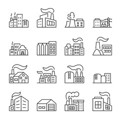 Wall Mural - Industrial buildings icons set. Factory, business center, storage, production building with chimney and smoke, linear icon collection. Line with editable stroke