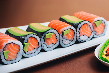 Wall Mural - Sushi rolls with salmon and avocado on a white plate on a dark background, created with generative Ai.