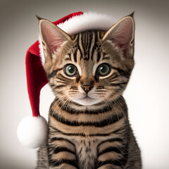 Wall Mural - Cute Christmas kitty cat with Santa Claus hat, digital art