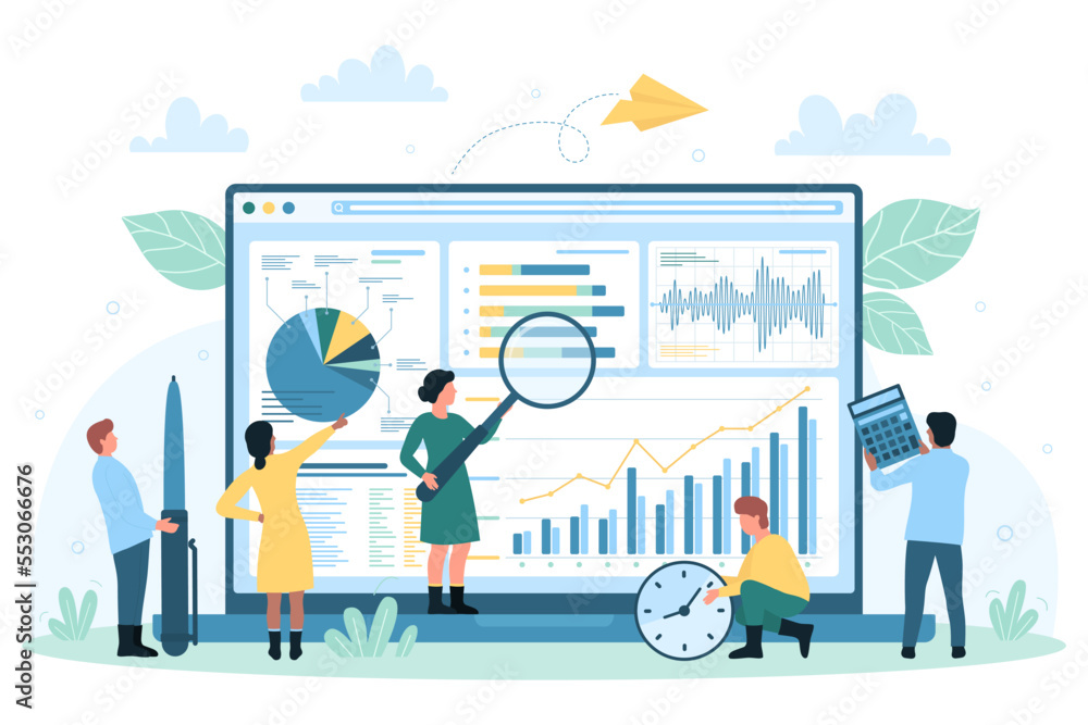 Data monitoring and analysis on desktop vector illustration. Cartoon ...