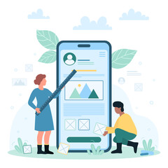 Wall Mural - mobile app development process vector illustration. cartoon tiny people holding ruler and design ele