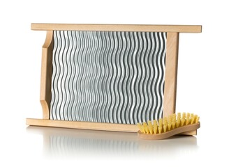 Single wood and metal washboard or wash board with brush side view