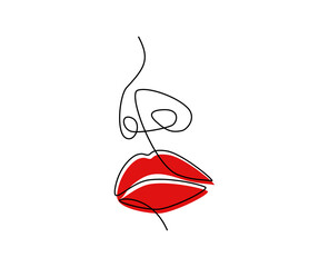 Wall Mural - One continuous line drawing of lips with red lipstick. Modern face portrait of makeup in simple linear style. Mascot icon for posters, cards, banner, template, web. Doodle vector illustration