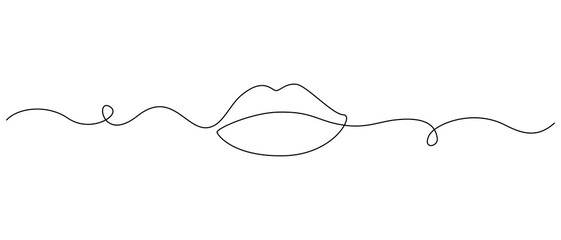 Fototapete - One continuous line drawing of mouth and lips. Concept symbol of makeup and lipstick in simple linear style. Mascot icon for posters, cards, banner editable stroke. Doodle vector illustration
