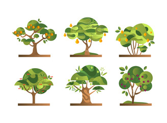 Poster - Different Fruit Trees with Green Crown and Trunk Flat Vector Set