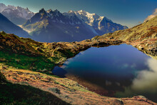 Mont Blanc And Idyllic Lake Cheserys Reflection, Chamonix, French Alps