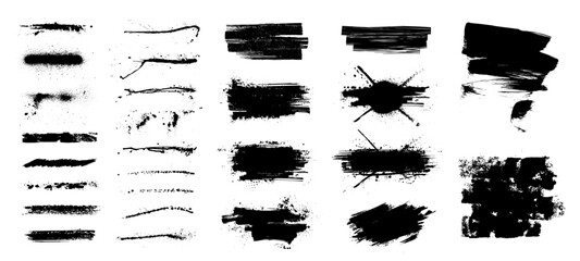 Fototapete - Ink black spots, paintbrush and splashes grunge, isolated on white background. Vector set black brush stroke, dirty artistic design elements. Grunge splatter with drops blots. Vector ink box 