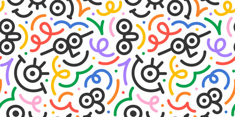Wall Mural - fun colorful line doodle face seamless pattern. creative minimalist style art background for childre