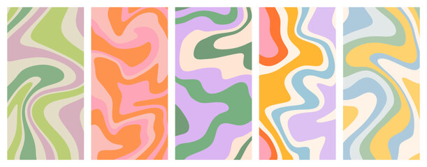 Wall Mural - Colorful retro wavy phone background collection. Set of trendy distorted pastel square texture in vintage y2k style. Psychedelic hippie social media template, liquid swirl story cover bundle.