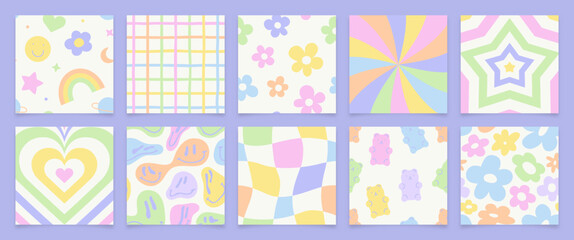 Set of retro vintage print illustration in trendy 90s art style. Soft pastel color seamless pattern collection with cute sticker decoration and trippy psychedelic cartoon. Social media post bundle.