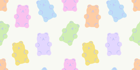 Retro vintage seamless pattern illustration in trendy 90s art style. Soft pastel color y2k background print with cute bear sticker decoration. 