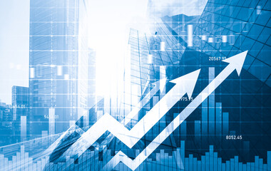 Wall Mural - Stock market business concept. Financial graphs and digital indicators with modernistic urban area and skyscrapers as background. Double Exposure.