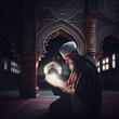 pious muslim man reading quran in mosque, generative AI