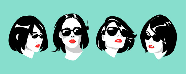 Wall Mural - icon set of portraits of beautiful girls in glasses and short hair. silhouette vector design.