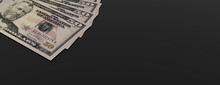 Finance Concept With Fifty Dollar Bills On A Black Surface. Currency Banner With Copy-space.