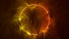 Cyber Background Design. Tropical Leaves With Yellow And Orange, Circle Shaped Neon Frame.