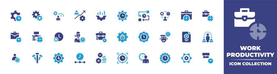 Work productivity intelligence icon collection. Vector illustration. Containing productivity, challenge, workload, process, schedule, work time, clock, time management, working hours, user, and more.