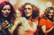 Pretty women retro style dancing at a vintage 1970 disco party. Created with generative AI. 