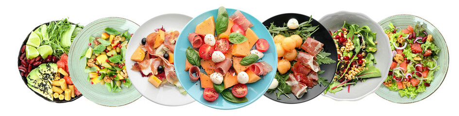 Wall Mural - Collection of healthy salads on plates against white background