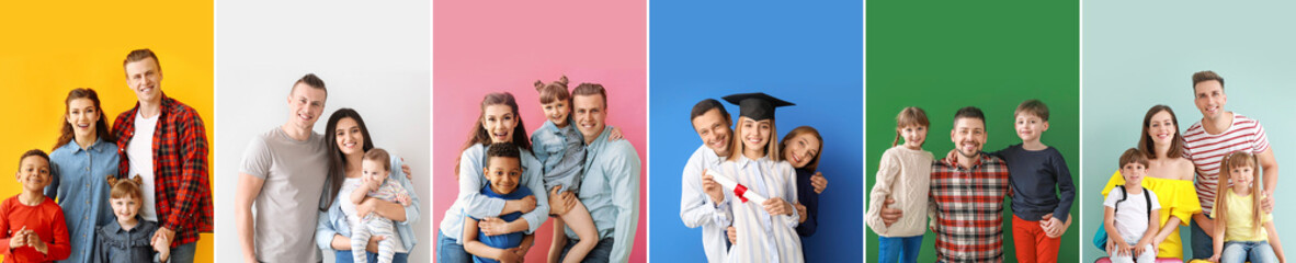 Wall Mural - Group of happy big families on color background