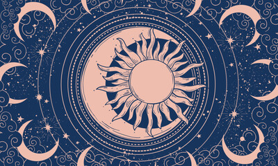 Wall Mural - Celestial banner for astrology, background for tarot, concept of zodiac signs and prediction of the future. Boho ornament with sonnet and moon, mystical vector illustration.