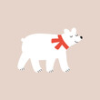 Cute white bear in red scarf hand drawn vector illustration. Isolated adorable Christmas animal in flat style for kids poster, icon or logo.