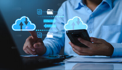 Wall Mural - businessman using cloud technology connect business data. cloud computing diagram show on hand. inte