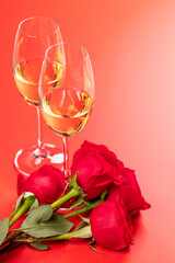 Wall Mural - Valentines day card with champagne and rose flowers