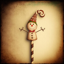 Really Cute Smiley Snowman Cookie With A Christmas Hat And A Red Bow On A Candy Cane Stick