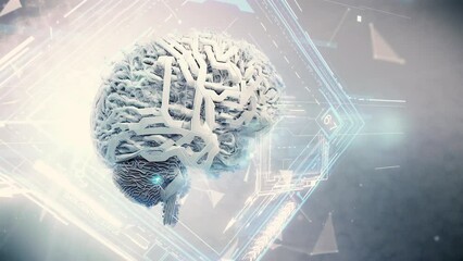 Artificial intelligence brain animation. Futuristic human brain interface concept. Robotic system. Intellectual programming of future human. 