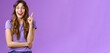 Excited cheerful happy creative smart girl raise index finger eureka gesture smiling broadly stare camera thrilled got excellent idea share suggestion think up perfect solution purple background